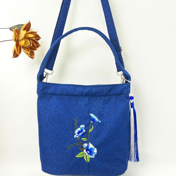 Sac à bandoulière en toile de coton et lin avec broderie de Buddha Stones , glycine, prunier, lotus, fleur de cerisier