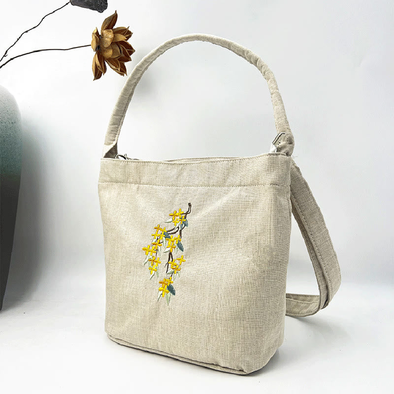 Sac à bandoulière en toile de coton et lin avec broderie de Buddha Stones , glycine, prunier, lotus, fleur de cerisier