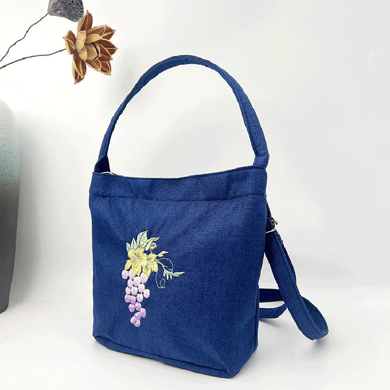 Sac à bandoulière en toile de coton et lin avec broderie de Buddha Stones , glycine, prunier, lotus, fleur de cerisier