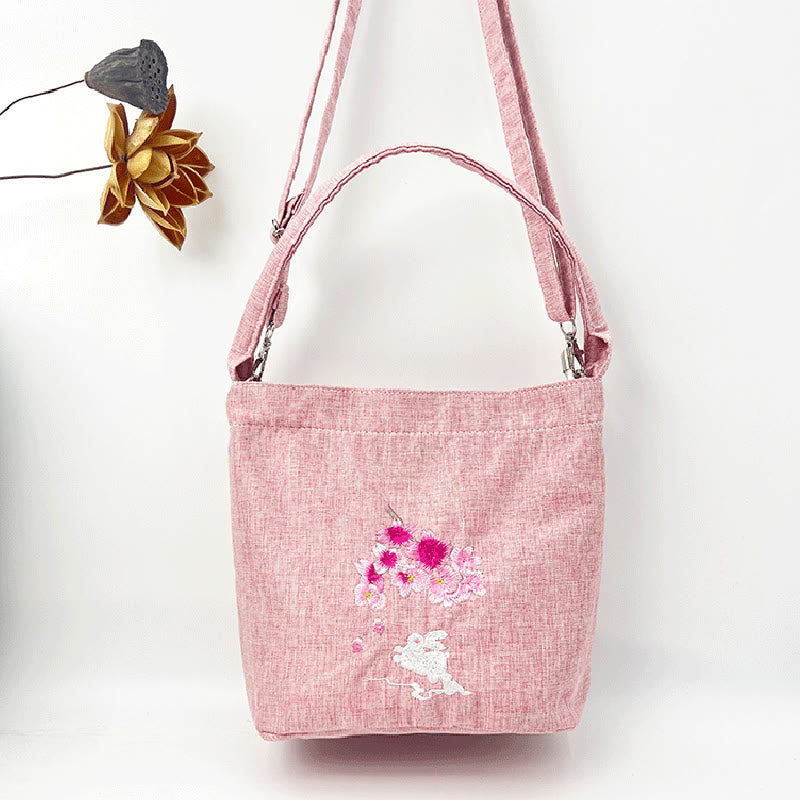 Sac à bandoulière en toile de coton et lin avec broderie de Buddha Stones , glycine, prunier, lotus, fleur de cerisier