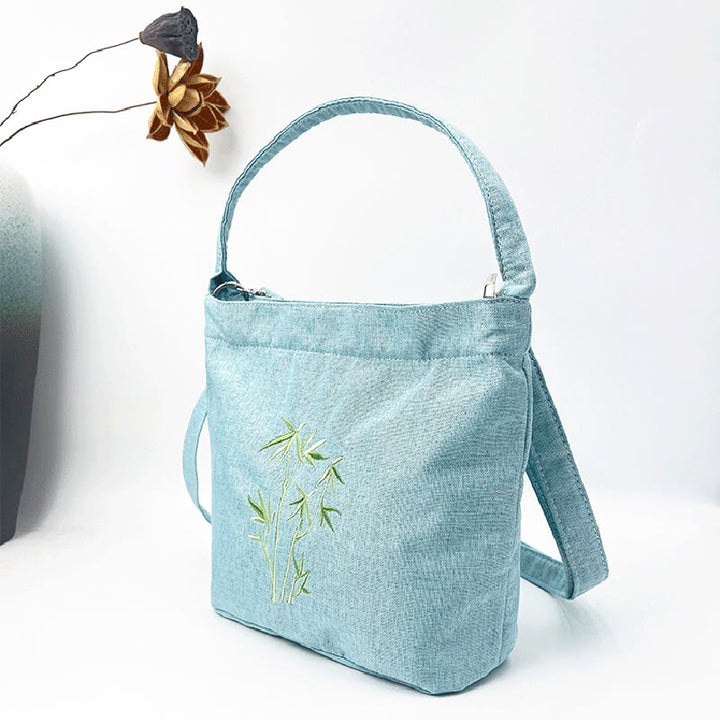 Sac à bandoulière en toile de coton et lin avec broderie de Buddha Stones , glycine, prunier, lotus, fleur de cerisier