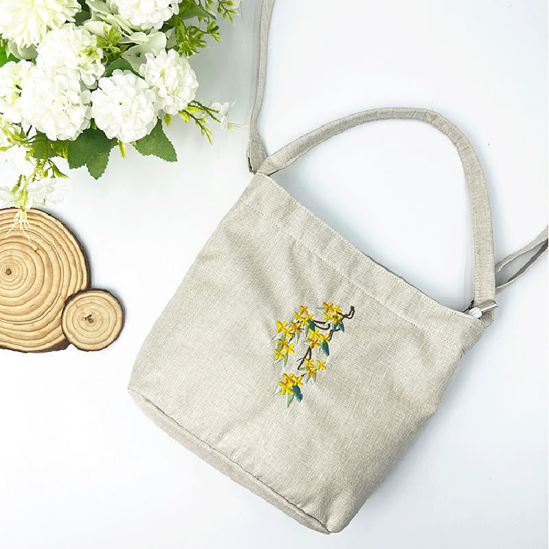 Sac à bandoulière en toile de coton et lin avec broderie de Buddha Stones , glycine, prunier, lotus, fleur de cerisier