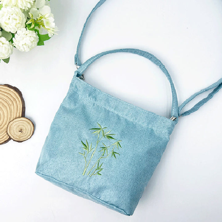 Sac à bandoulière en toile de coton et lin avec broderie de Buddha Stones , glycine, prunier, lotus, fleur de cerisier