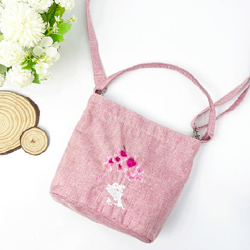 Sac à bandoulière en toile de coton et lin avec broderie de Buddha Stones , glycine, prunier, lotus, fleur de cerisier