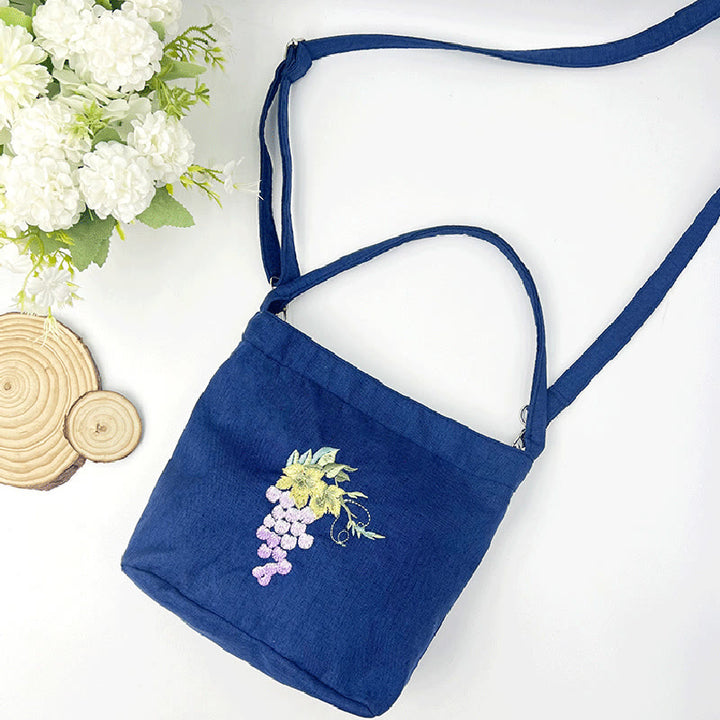 Sac à bandoulière en toile de coton et lin avec broderie de Buddha Stones , glycine, prunier, lotus, fleur de cerisier