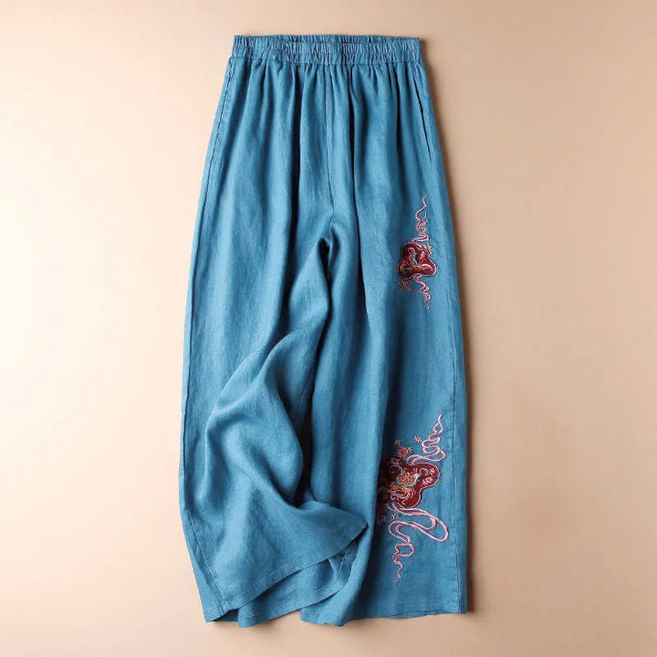 Pantalon large décontracté en coton et lin avec broderies Buddha Stones pour femmes avec poches