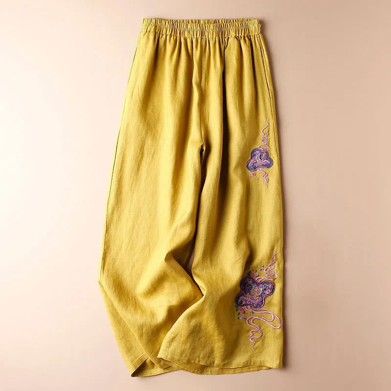 Pantalon large décontracté en coton et lin avec broderies Buddha Stones pour femmes avec poches