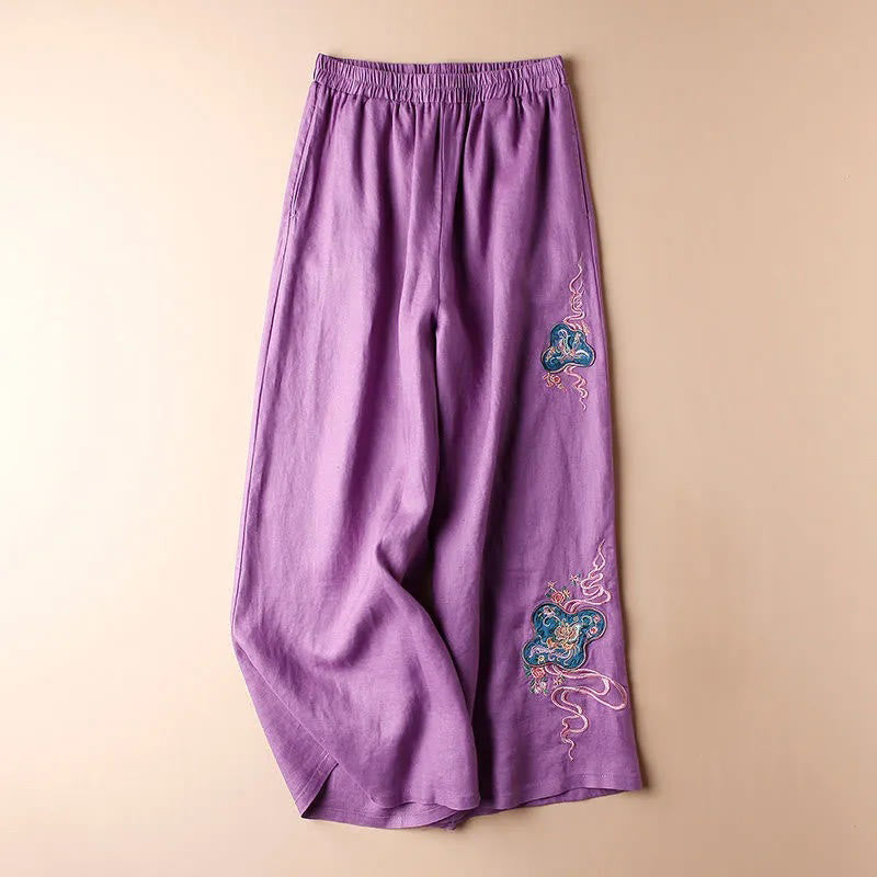 Pantalon large décontracté en coton et lin avec broderies Buddha Stones pour femmes avec poches