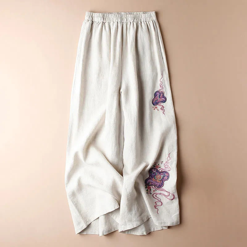 Pantalon large décontracté en coton et lin avec broderies Buddha Stones pour femmes avec poches