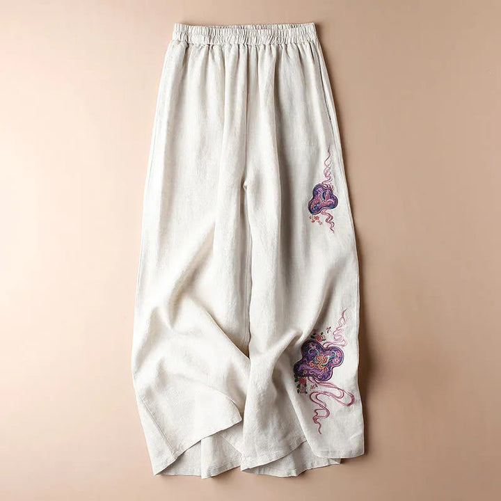 Pantalon large décontracté en coton et lin avec broderies Buddha Stones pour femmes avec poches
