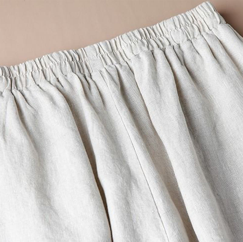 Pantalon large décontracté en coton et lin avec broderies Buddha Stones pour femmes avec poches