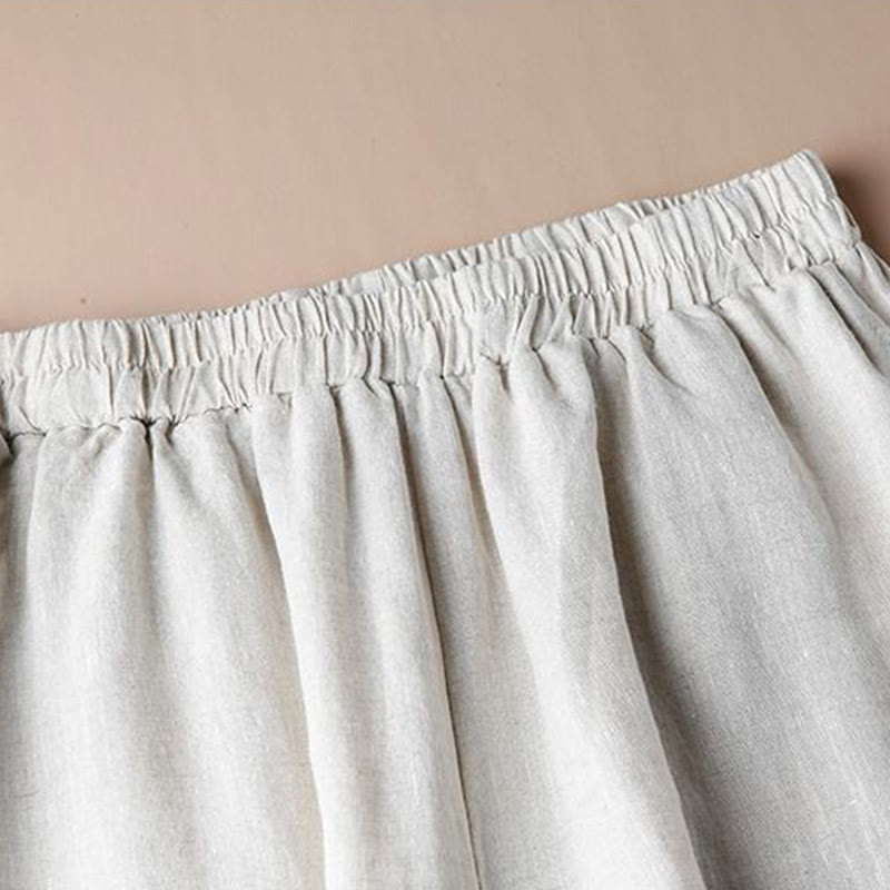 Pantalon large décontracté en coton et lin avec broderies Buddha Stones pour femmes avec poches