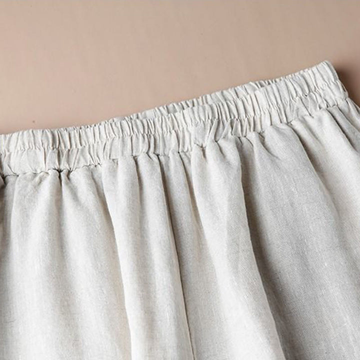 Pantalon large décontracté en coton et lin avec broderies Buddha Stones pour femmes avec poches