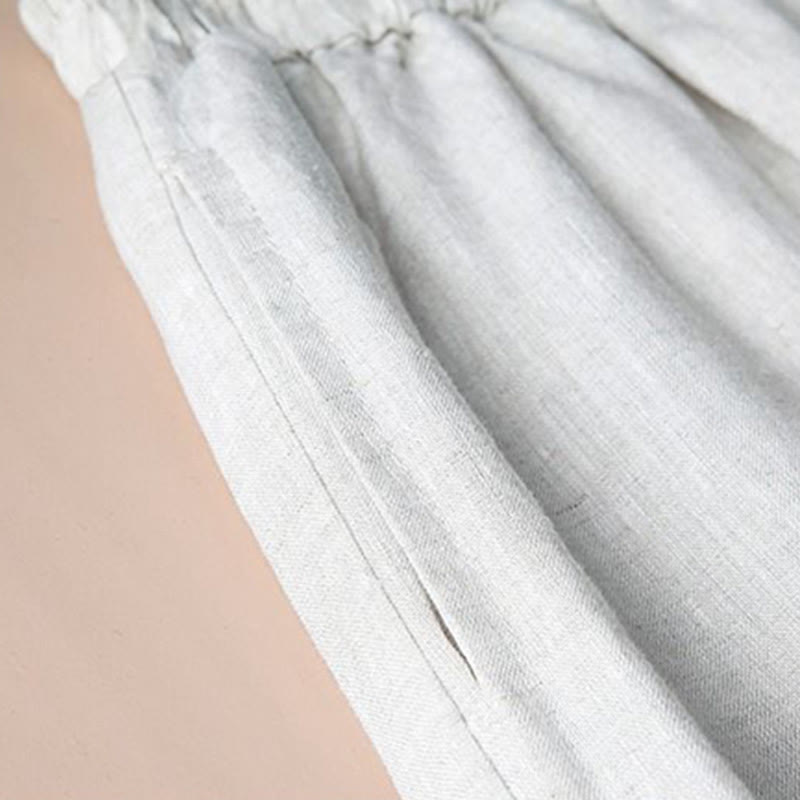Pantalon large décontracté en coton et lin avec broderies Buddha Stones pour femmes avec poches