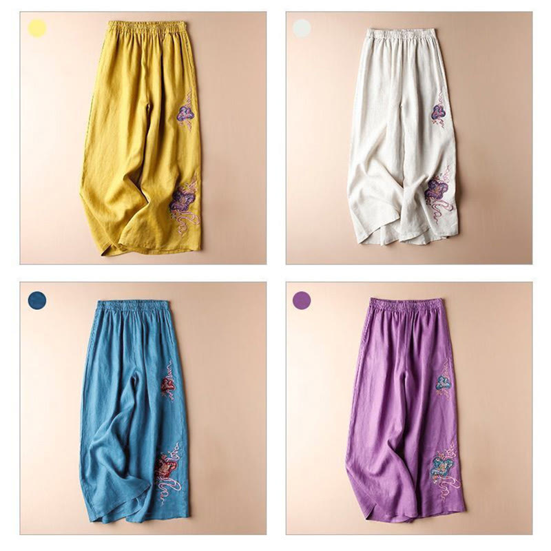 Pantalon large décontracté en coton et lin avec broderies Buddha Stones pour femmes avec poches