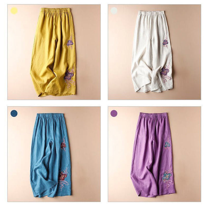 Pantalon large décontracté en coton et lin avec broderies Buddha Stones pour femmes avec poches