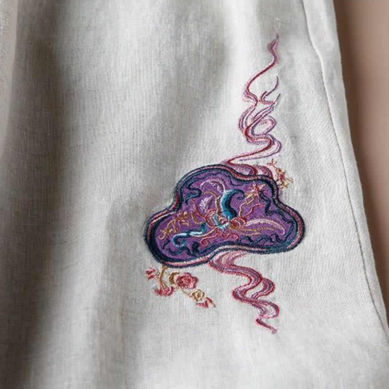 Pantalon large décontracté en coton et lin avec broderies Buddha Stones pour femmes avec poches