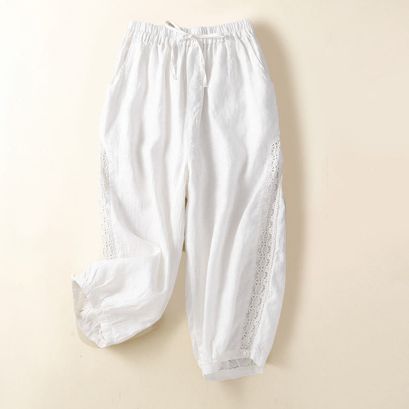 Pantalon harem ample à cordon de serrage et poches, couleur unie, motif floral et Buddha Stones - Blanc - US8-10，UK/AU12-14，EU40-42 (2XL) - image 9