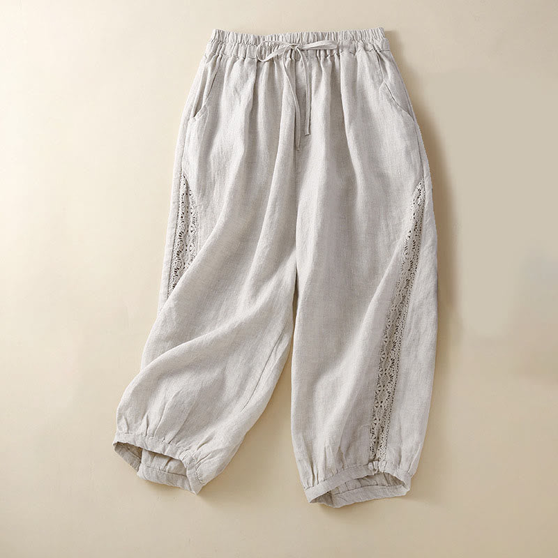 Pantalon sarouel ample à cordon de serrage avec poches et motif floral de couleur unie Buddha Stones - Beige - US8-10，UK/AU12-14，EU40-42 (2XL) - image 1