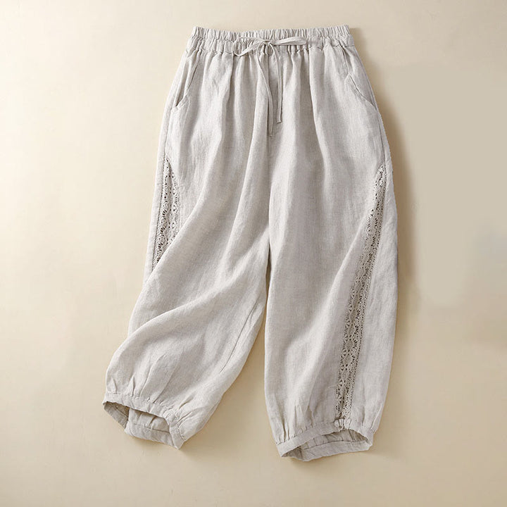 Pantalon harem ample à cordon de serrage et poches, couleur unie, motif floral et Buddha Stones - Beige - US8-10，UK/AU12-14，EU40-42 (2XL) - image 0