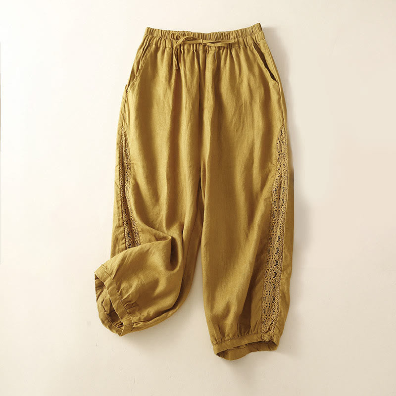 Pantalon harem ample à cordon de serrage et poches, couleur unie, motif floral et Buddha Stones - Jaune - US8-10，UK/AU12-14，EU40-42 (2XL) - image 28