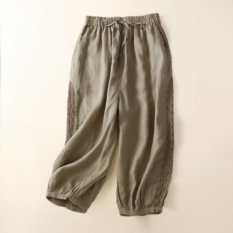 Pantalon sarouel ample à cordon de serrage avec poches et motif floral de couleur unie Buddha Stones - Kaki - US8-10，UK/AU12-14，EU40-42 (2XL) - image 27