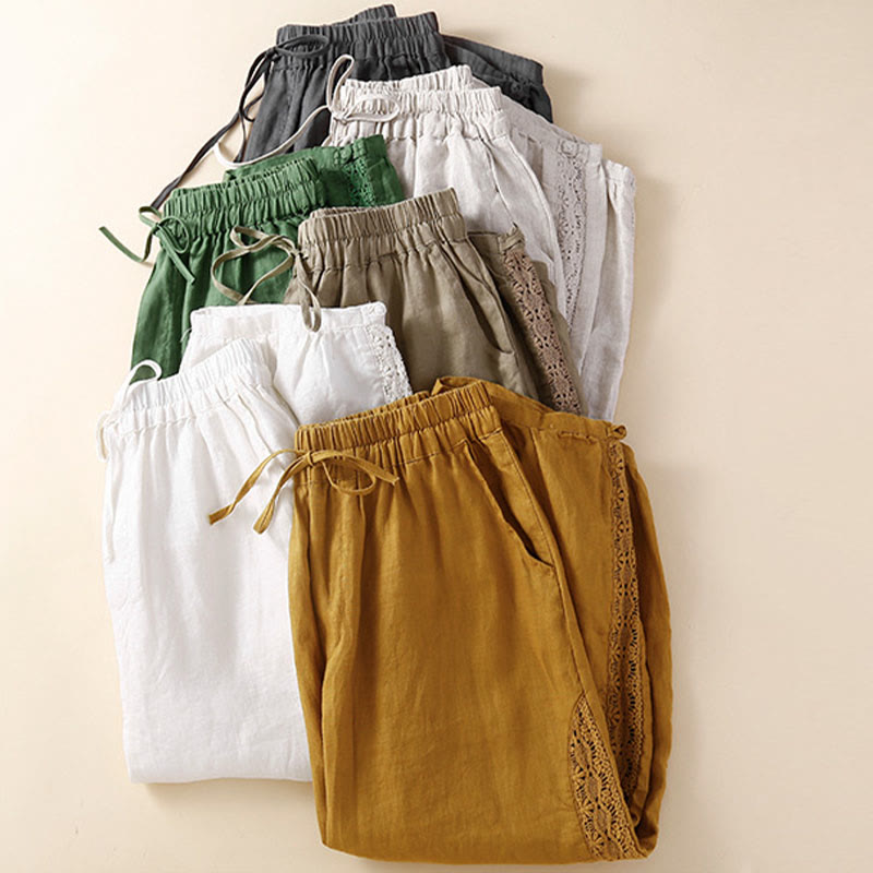 Pantalon harem ample à cordon de serrage et poches, couleur unie, motif floral et Buddha Stones - image 34