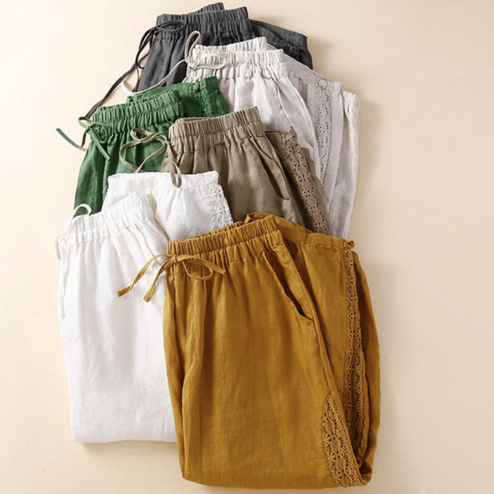 Pantalon harem ample à cordon de serrage et poches, couleur unie, motif floral et Buddha Stones - image 34