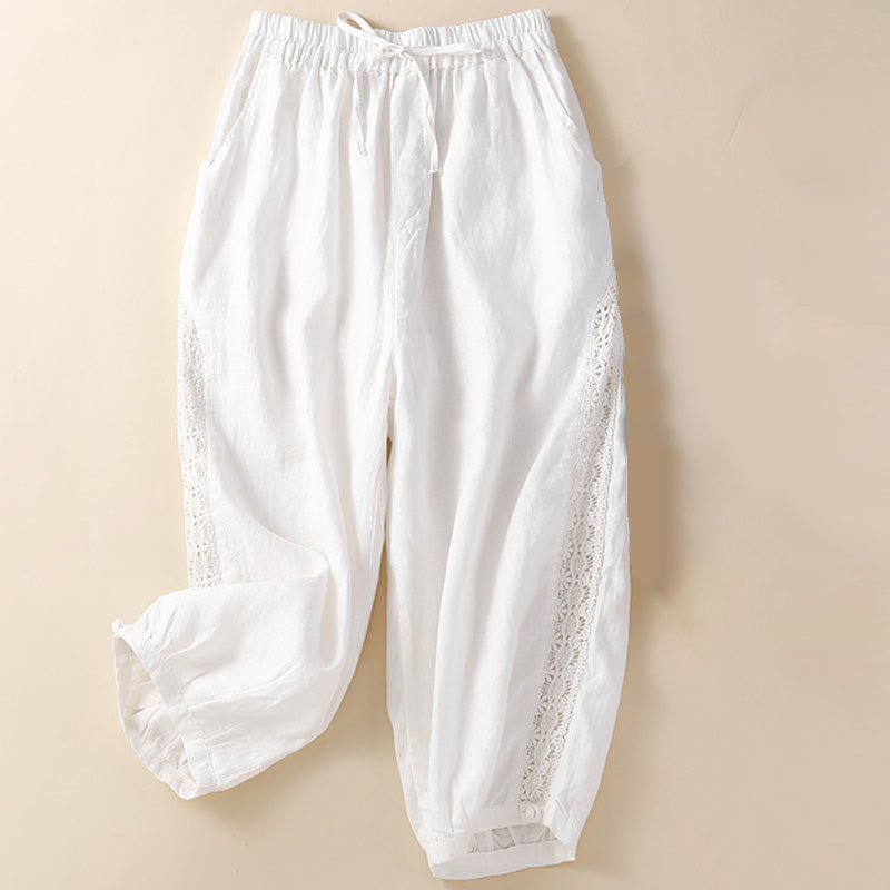 Pantalon harem ample à cordon de serrage et poches, couleur unie, motif floral et Buddha Stones - image 10