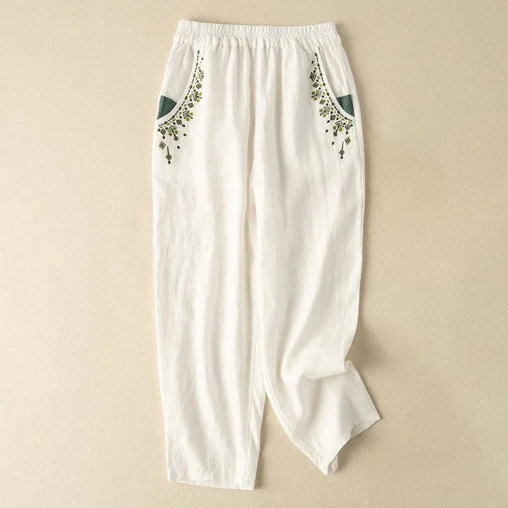Pantalon sarouel capri taille élastique avec broderies vintage Buddha Stones et poches - Blanc - US14，UK/AU18，EU46 (4XL) - image 5