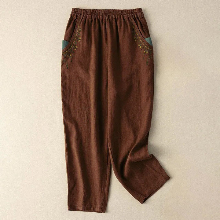 Pantalon sarouel capri taille élastique avec broderies vintage Buddha Stones et poches - Brun - US14，UK/AU18，EU46 (4XL) - image 10