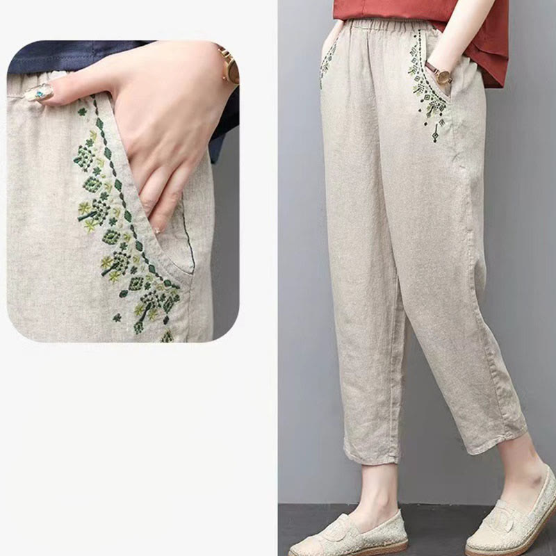 Pantalon sarouel capri taille élastique avec broderies vintage Buddha Stones et poches - image 23