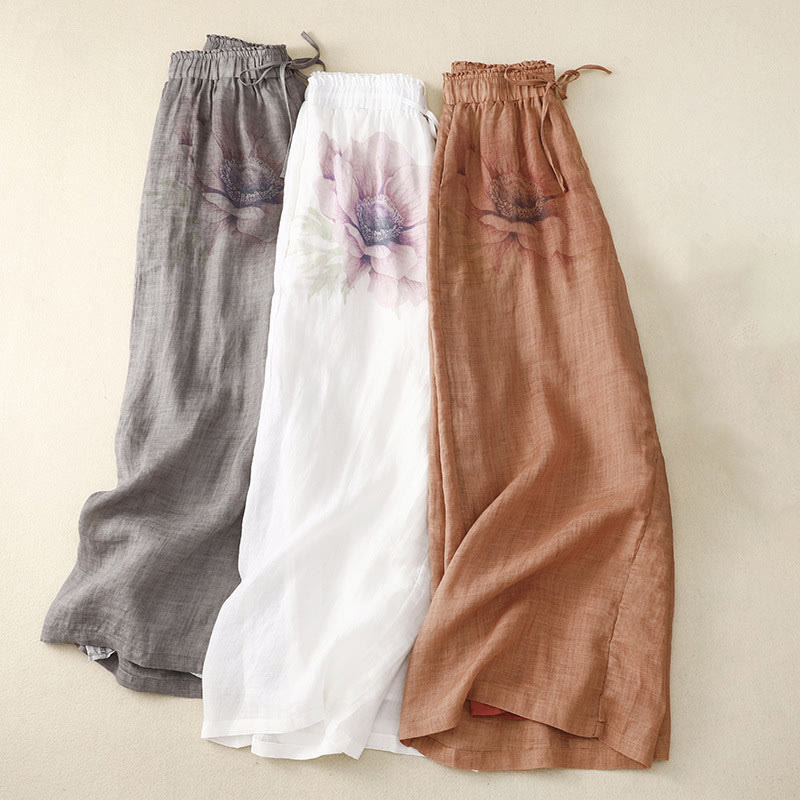 Pantalon large taille haute en coton et lin à imprimé floral Buddha Stones avec cordon de serrage et poches - image 1