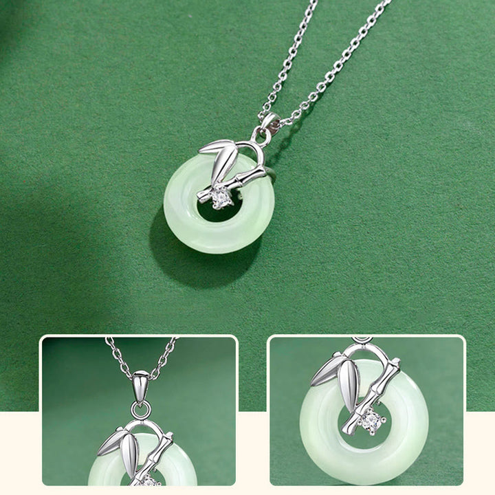Buddha Stones Collier pendentif en argent sterling 925 avec boucle de paix et feuille de bambou en jade Hetian