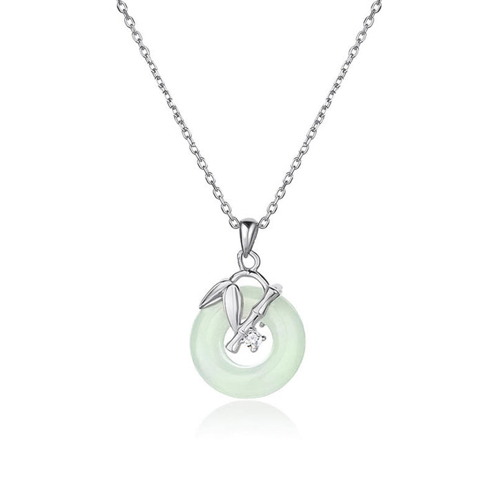 Buddha Stones Collier pendentif en argent sterling 925 avec boucle de paix et feuille de bambou en jade Hetian