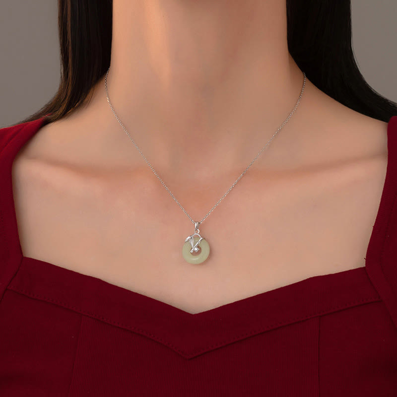 Buddha Stones Collier pendentif en argent sterling 925 avec boucle de paix et feuille de bambou en jade Hetian - image 4