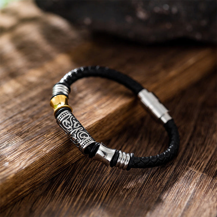 Bracelet en cuir avec boucle en acier inoxydable et motif floral de la dynastie Tang Buddha Stones