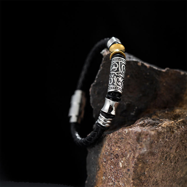 Bracelet en cuir avec boucle en acier inoxydable et motif floral de la dynastie Tang Buddha Stones