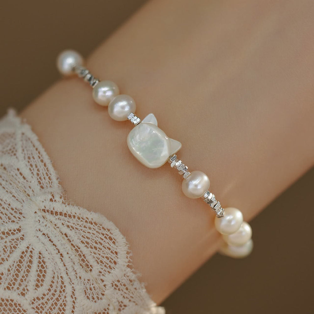 Bracelet de guérison en argent avec chaîne en pierre Tridacna et tête de chat en Buddha Stones - image 2