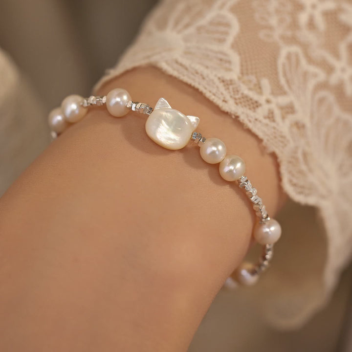 Bracelet de guérison en argent avec chaîne en pierre Tridacna et tête de chat en Buddha Stones - image 3