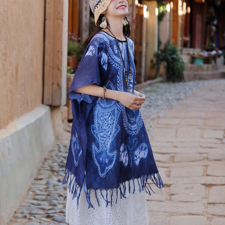 Châle Batik Géométrie Bleue Buddha Stones Glands Pull de Voyage Confortable 90*95cm - image 5