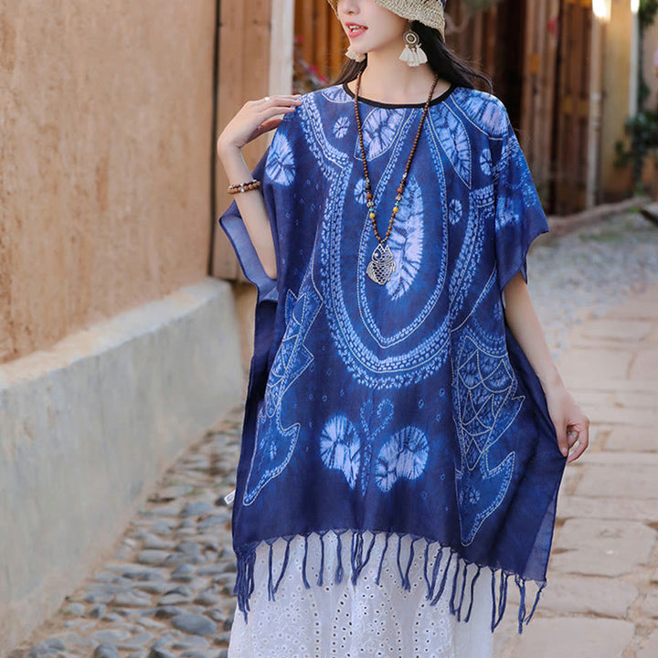 Châle Batik Géométrie Bleue Buddha Stones Glands Pull de Voyage Confortable 90*95cm