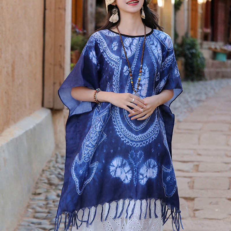 Châle Batik Géométrie Bleue Buddha Stones Glands Pull de Voyage Confortable 90*95cm - image 1