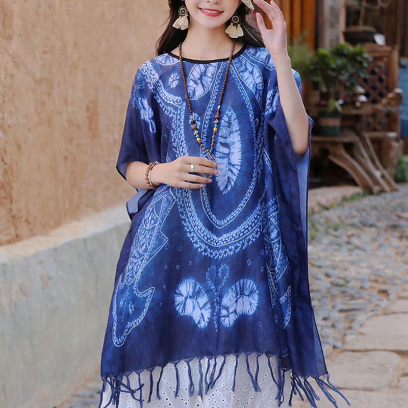 Châle Batik Géométrie Bleue Buddha Stones Glands Pull de Voyage Confortable 90*95cm - image 8