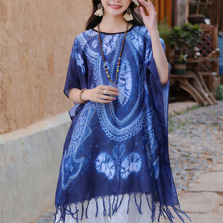 Châle Batik Géométrie Bleue Buddha Stones Glands Pull de Voyage Confortable 90*95cm - image 8