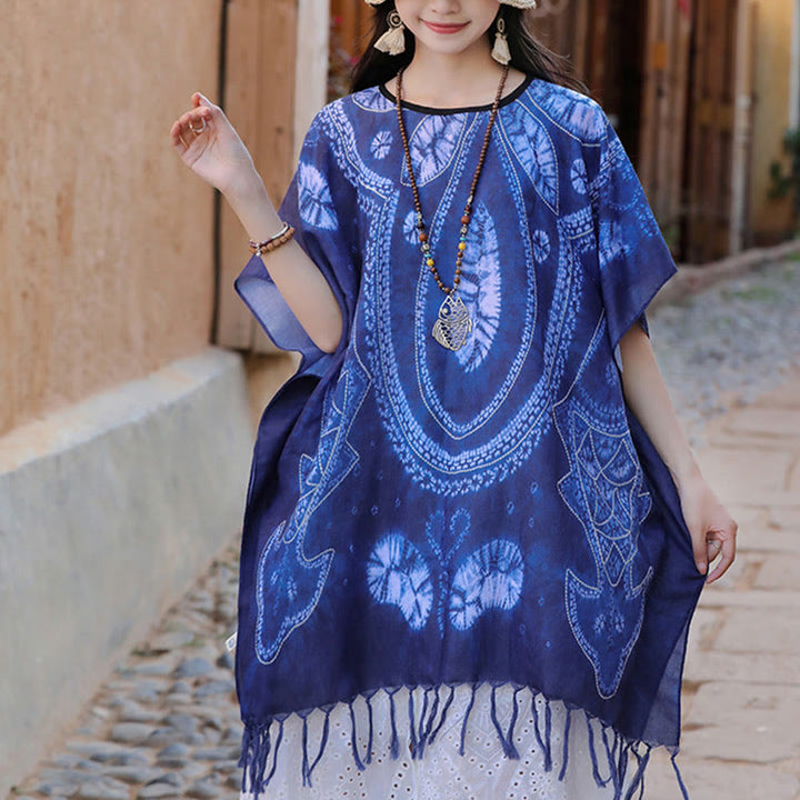 Châle Batik Géométrie Bleue Buddha Stones Glands Pull de Voyage Confortable 90*95cm