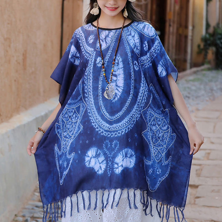 Châle Batik Géométrie Bleue Buddha Stones Glands Pull de Voyage Confortable 90*95cm