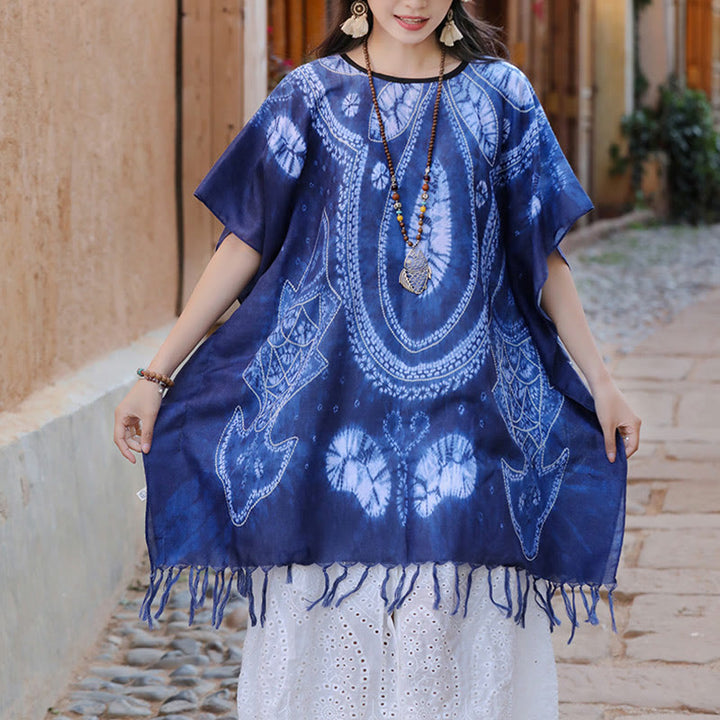 Châle Batik Géométrie Bleue Buddha Stones Glands Pull de Voyage Confortable 90*95cm