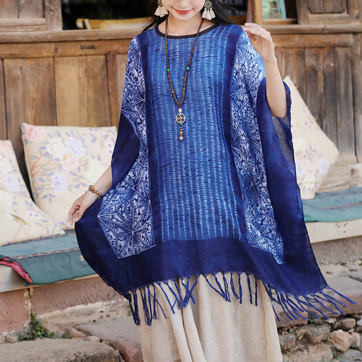 Châle batik à rayures géométriques bleues avec Buddha Stones et pompons, pull de voyage confortable 90 x 95 cm