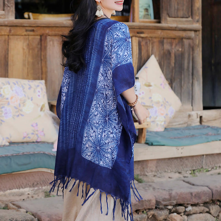 Châle batik à rayures géométriques bleues avec Buddha Stones et pompons, pull de voyage confortable 90 x 95 cm - image 4